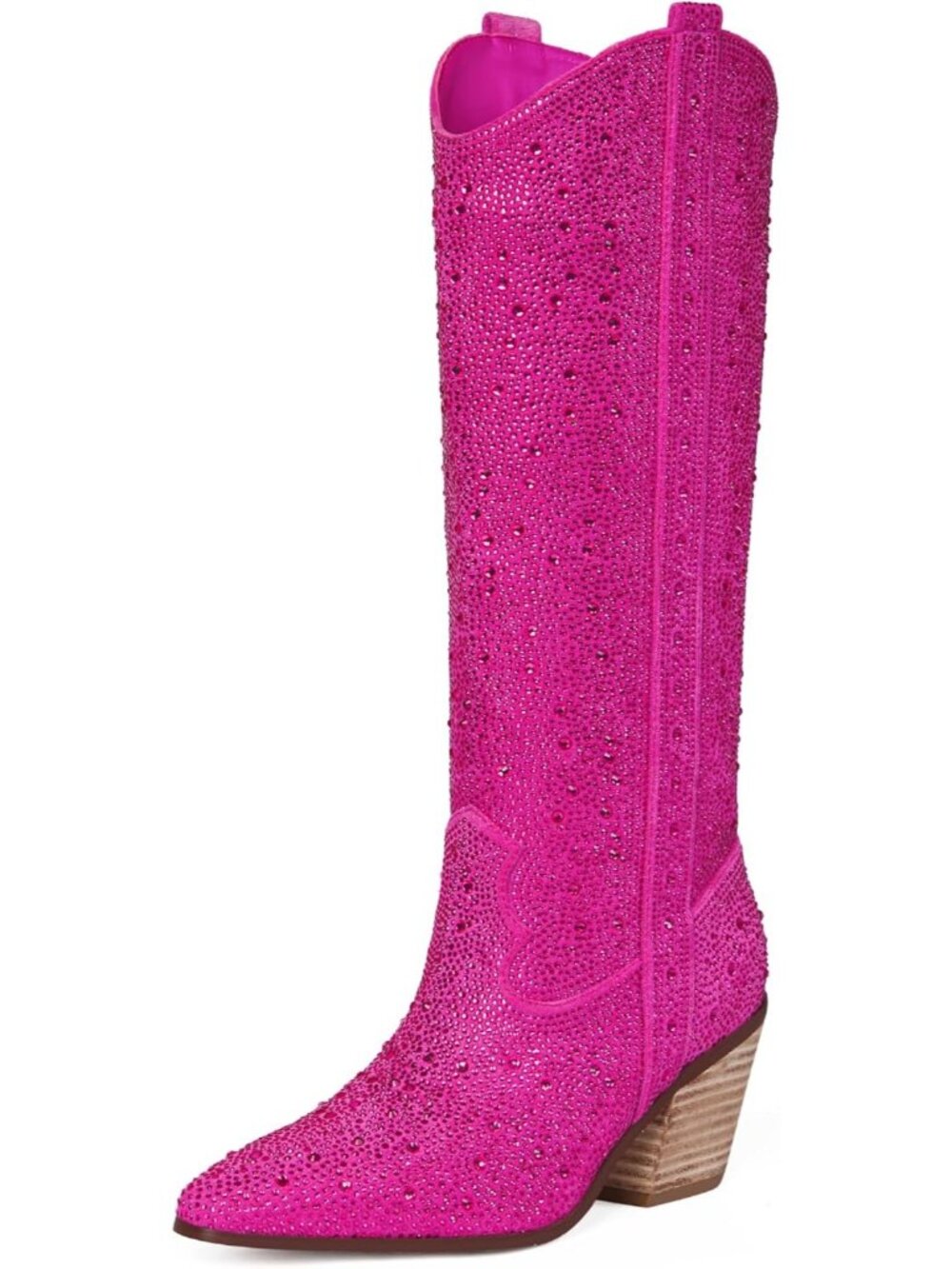 Women's Fuchsia Rhinestone Pull On Block Heel Pointed Toe Knee High Cowgirl Boot